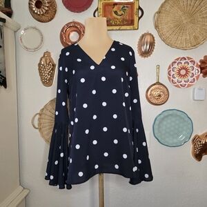 Banana Republic Navy Blue Polka Dot V-Neck Blouse